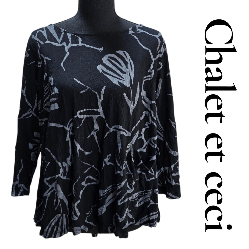 Chalet et ceci Top Womens S Black Bamboo Blend Crinkle Abstract Art Lagenlook